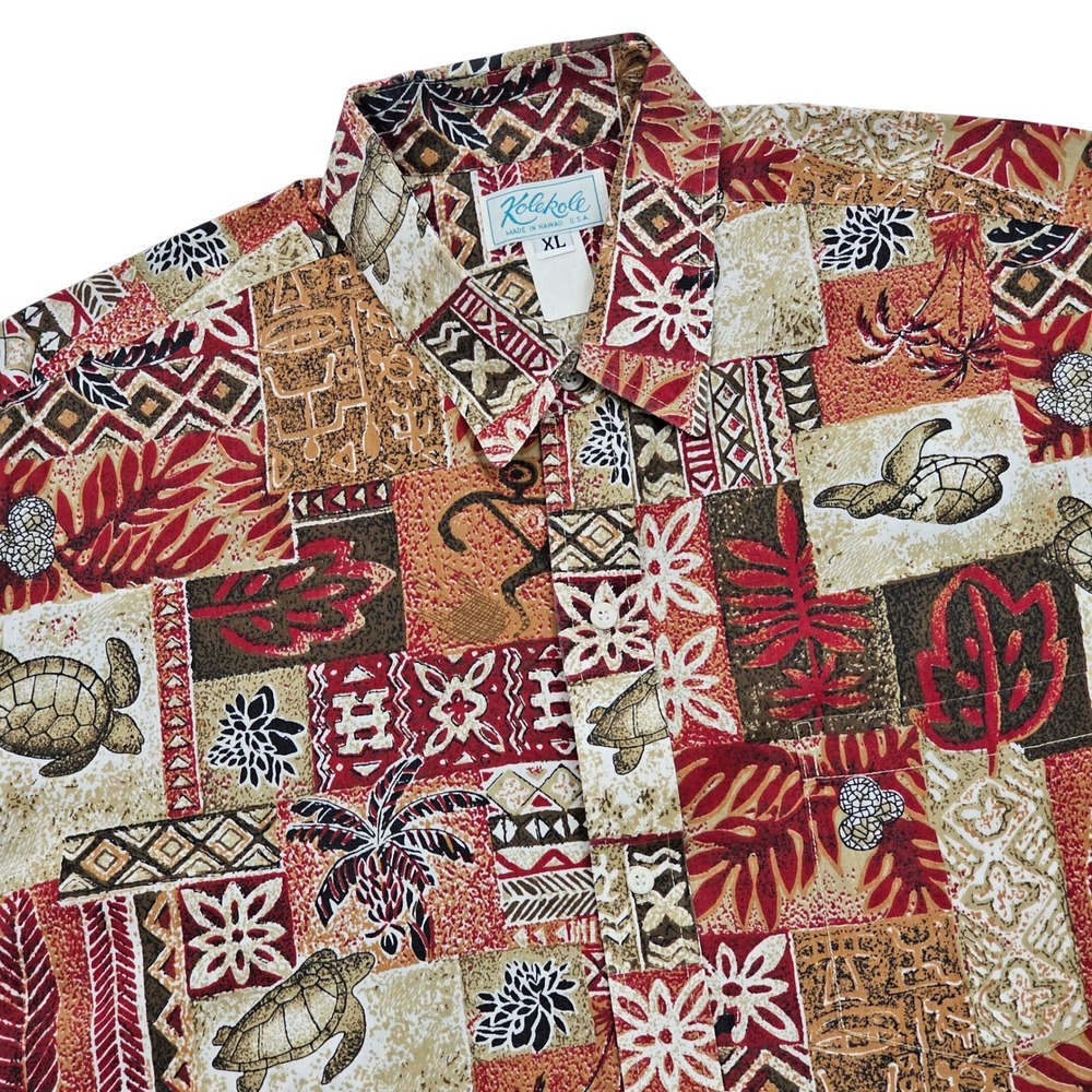 Kolekole Hawaiian Shirt Mens XL Red Brown Tapa Sea Turtle Tribal Aloha Vintage